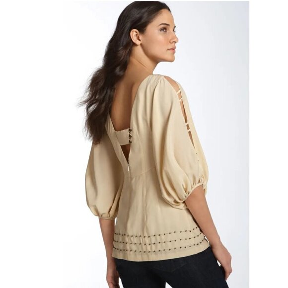 Nanette Lepore Beige Beaded Boho Blouse Size 0 - Picture 2 of 11